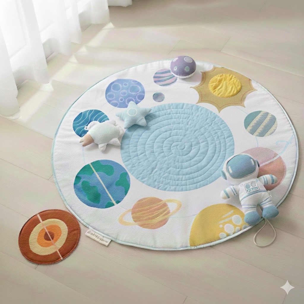 The Soohoo Baby Solar System play mat on a warm wooden floor with plush astronaut and planet companions.